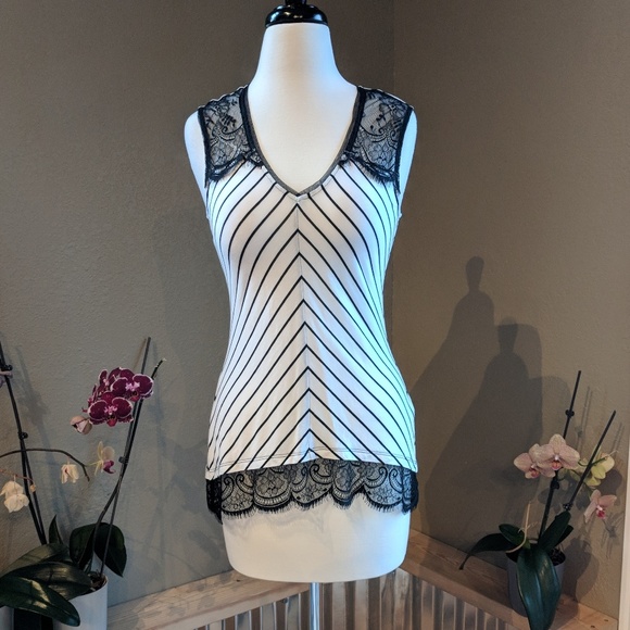 White House Black Market Tops - WHBM black/white diagonal stripe lace tank